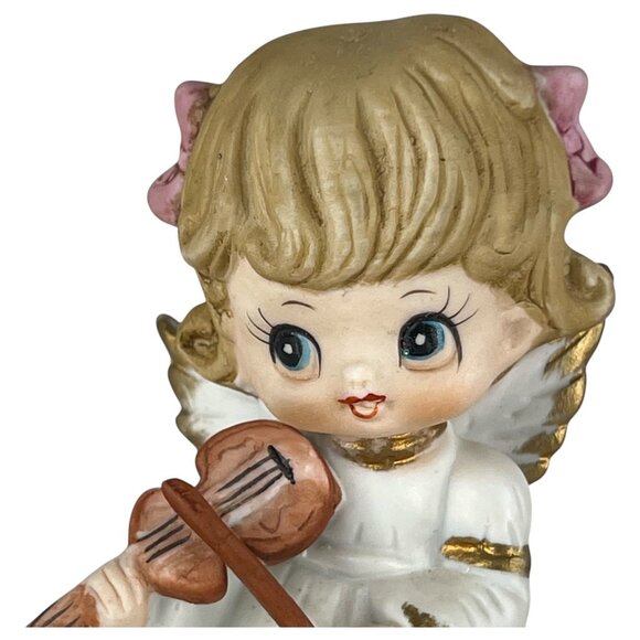 Vintage UCGC Ceramic Angel Figurine Playing Violin With Gold Accents & Pink Bows - Picture 2 of 8